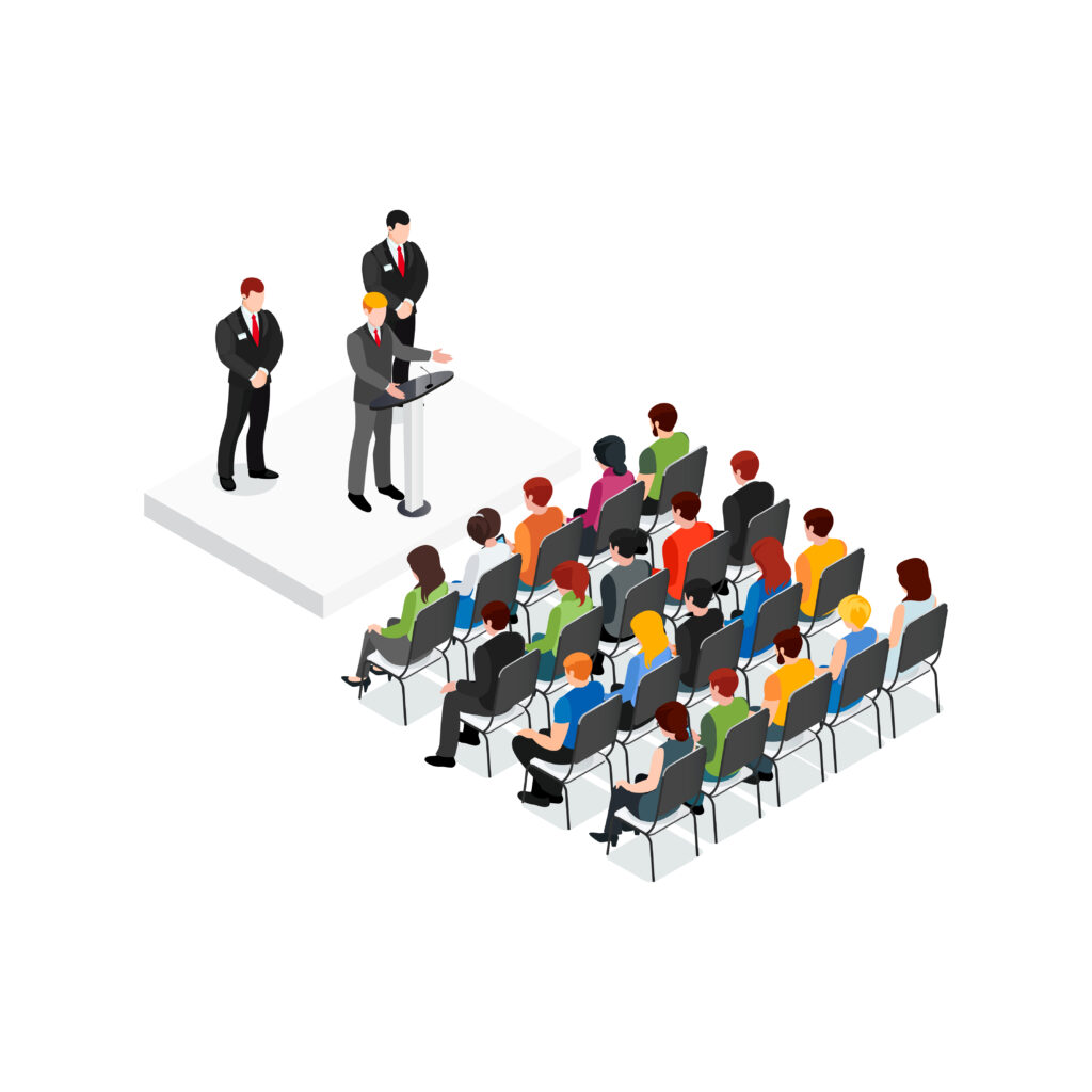 Isometric illustration of a speaker delivering a speech to an audience in a conference room setting