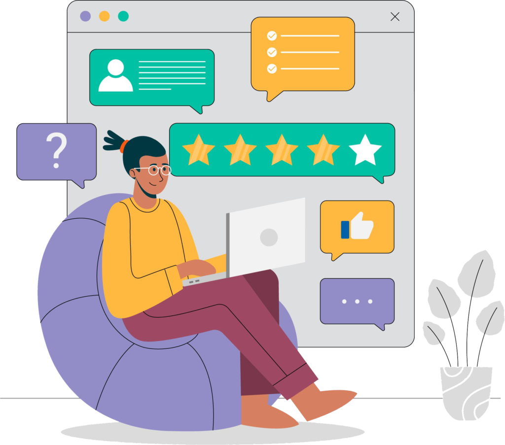 A man sitting in a bean bag chair with a laptop and a star rating icon, symbolizing comfort and online feedback.