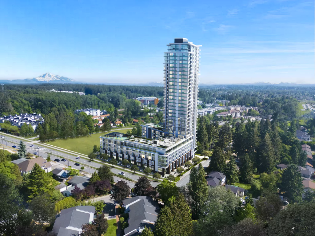 Aerial view of new city condo building with modern architecture and surrounding urban landscape