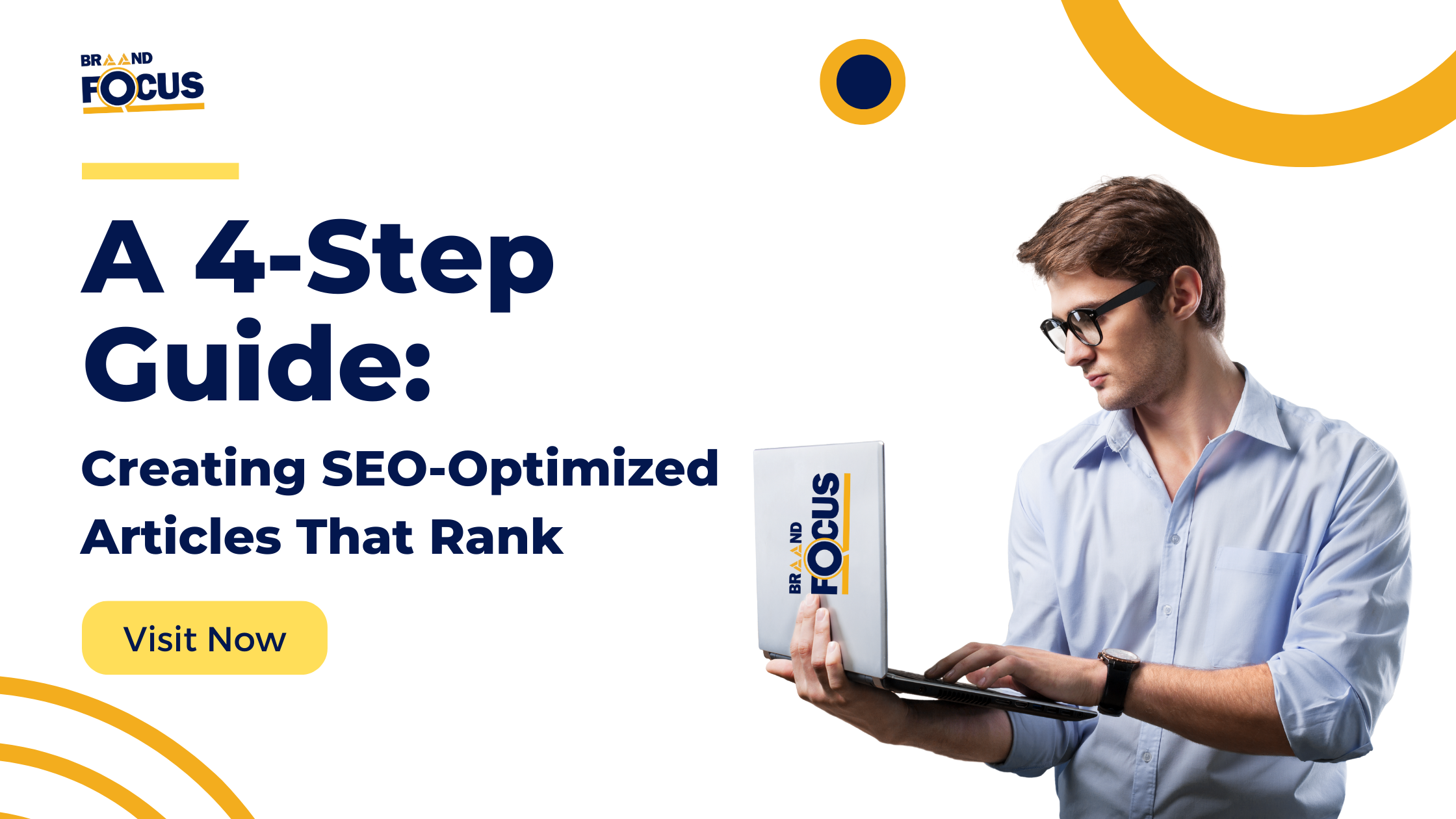A man using a laptop to follow a 4-step guide for creating SEO-optimized articles that rank.