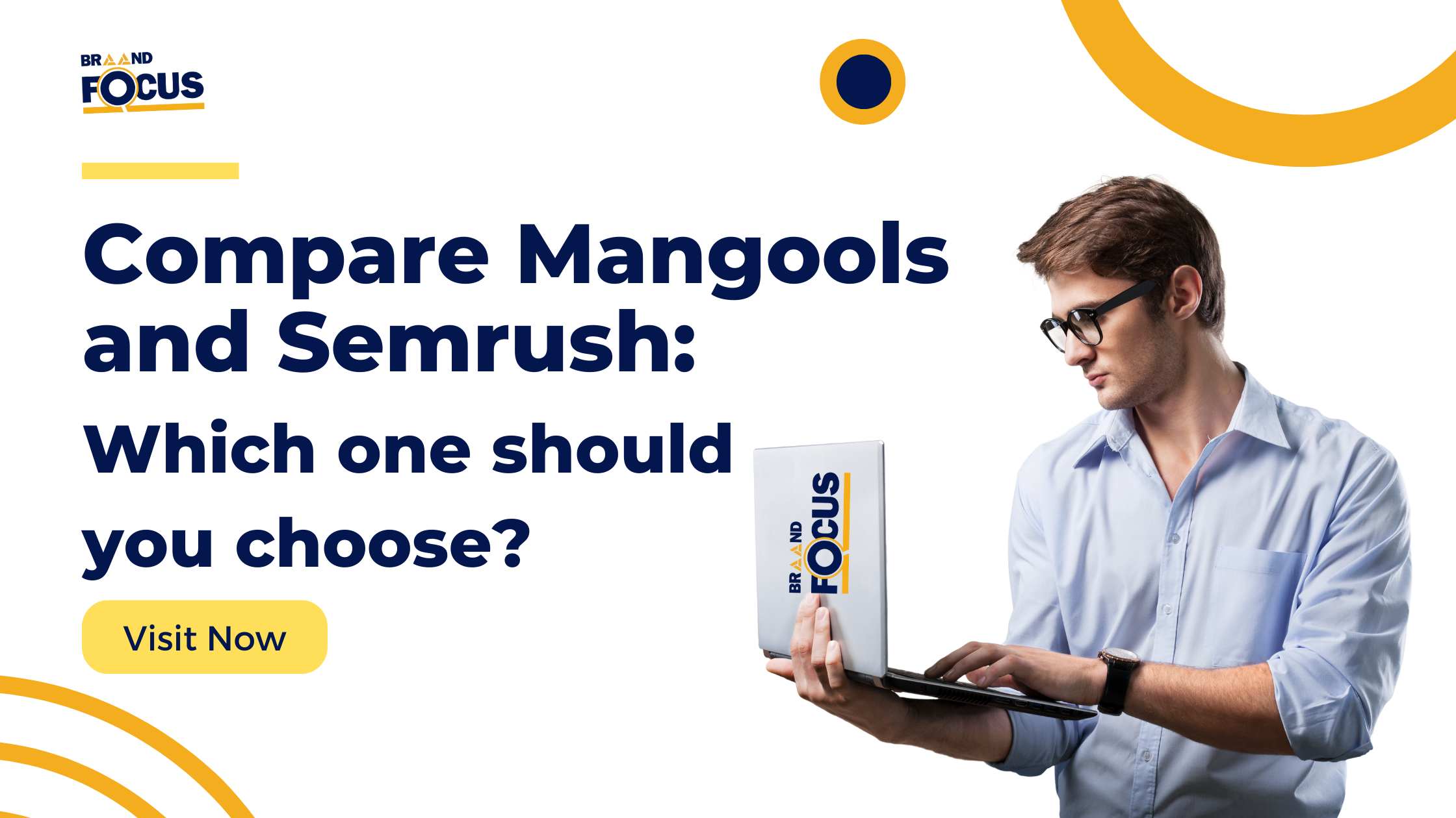 A man holding a camera comparing Mangolos and SEMrush, two options for you to choose from.
