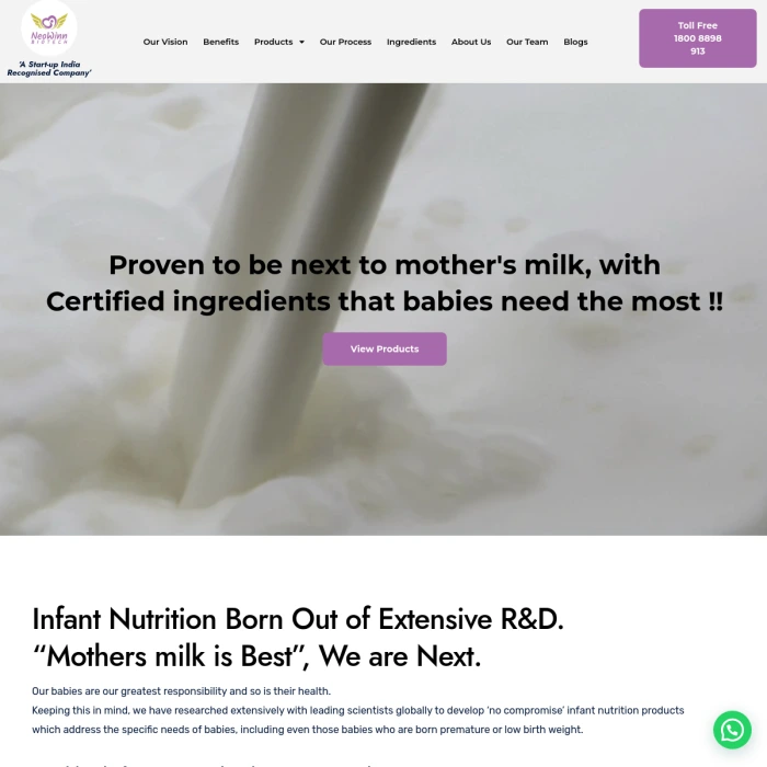 Homepage of milk company website featuring logo, dairy products, and contact information.