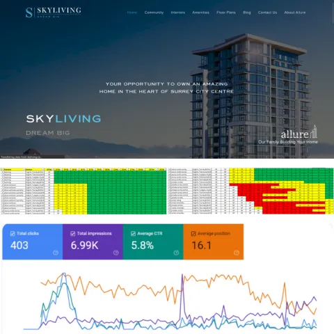 A sleek and modern real estate website design featuring a clear blue sky background.